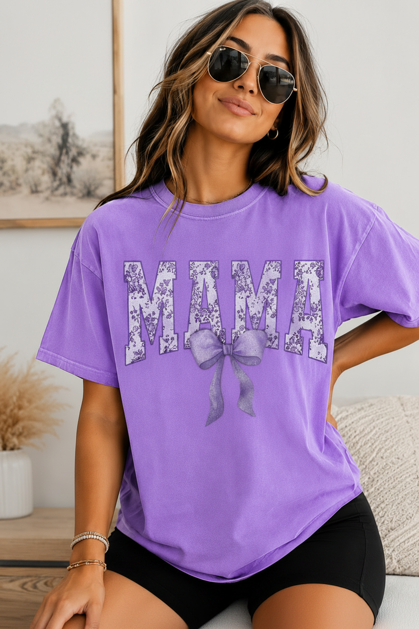 Mama Floral Bow Purple Glitter Transfer