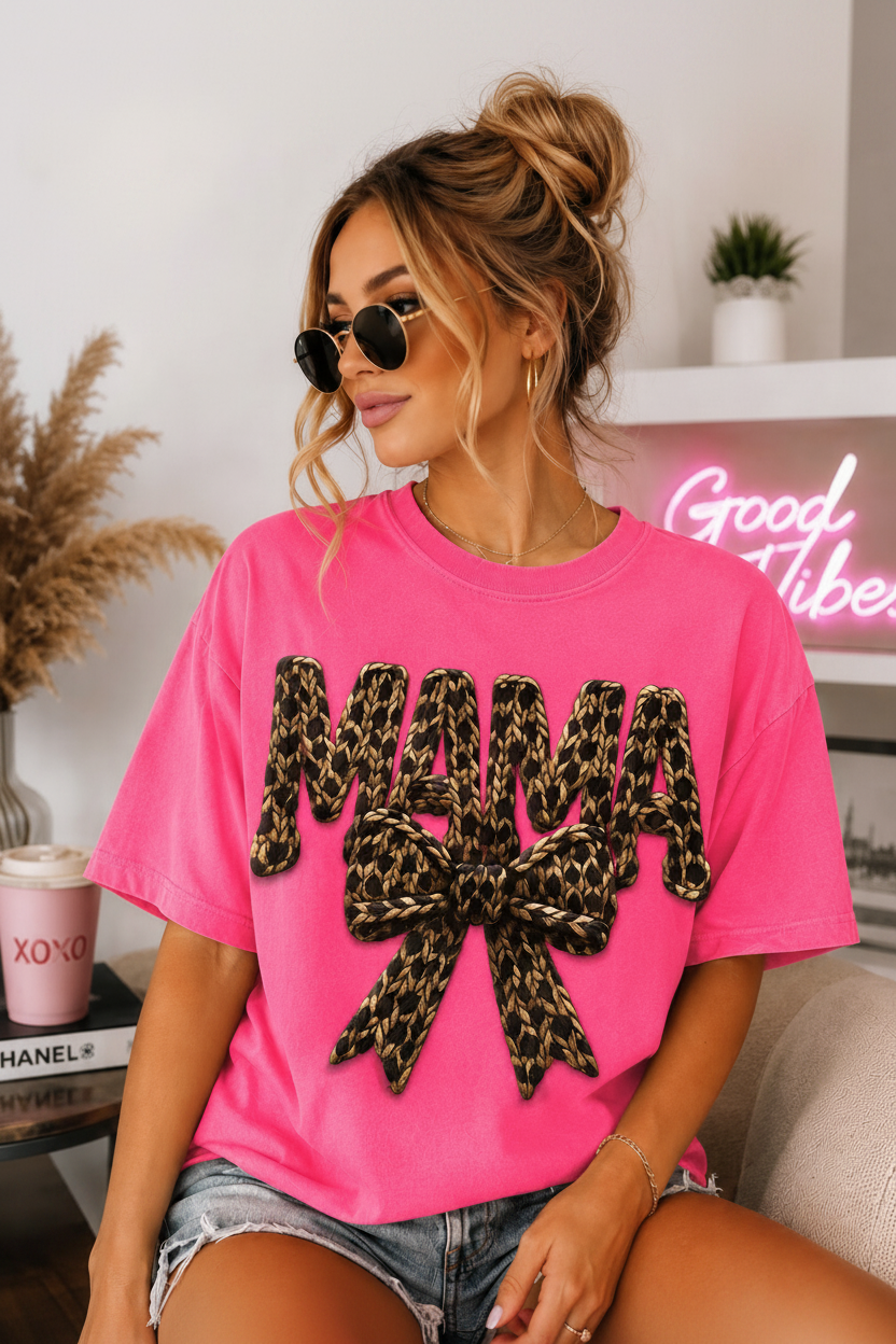 Faux Yarn Mama Leopard Bow Glitter Transfer