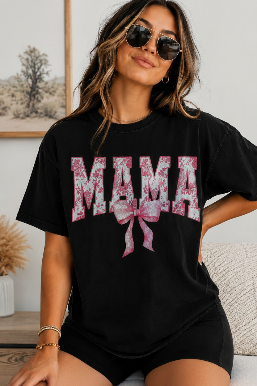 Mama Floral Bow Pink Glitter Transfer