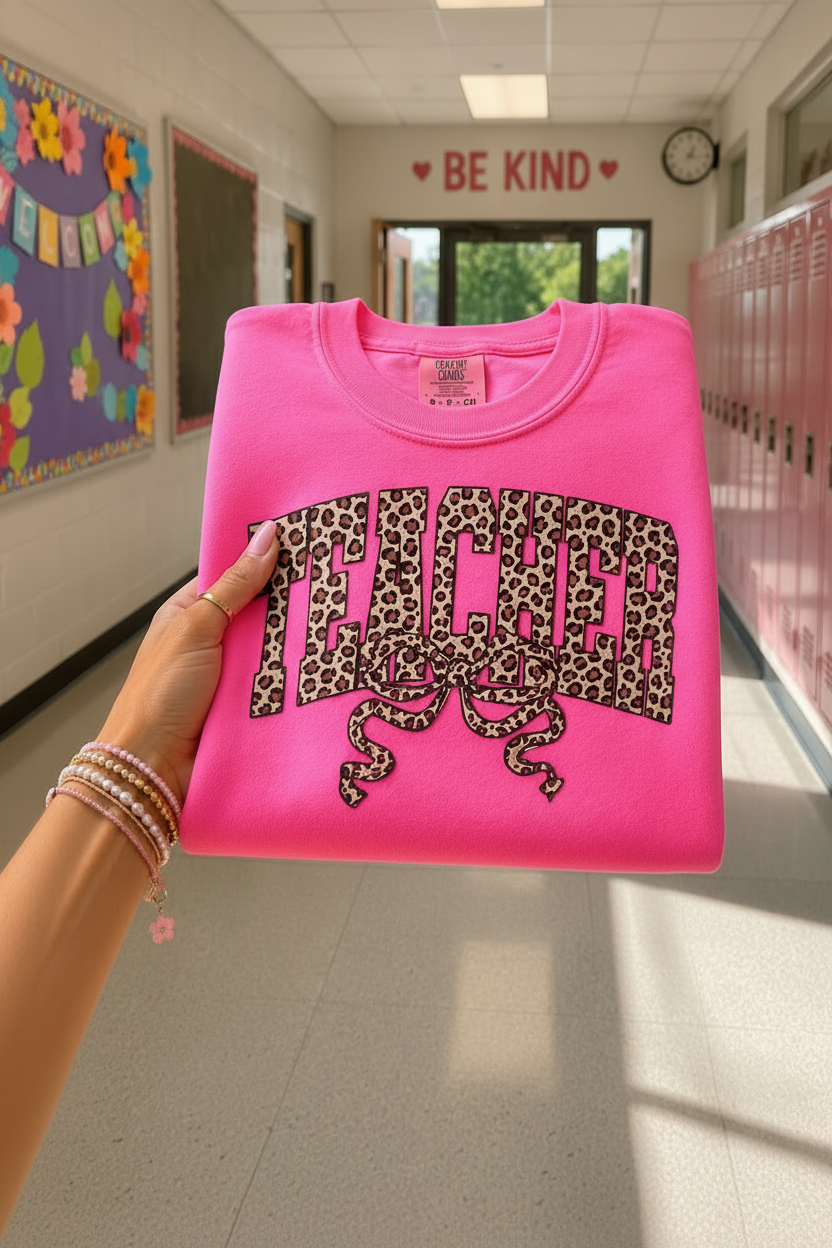 Teacher Leopard Bow Glitter Transfer